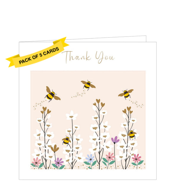 Celebrate any occasion with this stylish set of 5 thank you notelets decorated with bees buzzing around stylised flowers. Gold text on the cards reads 