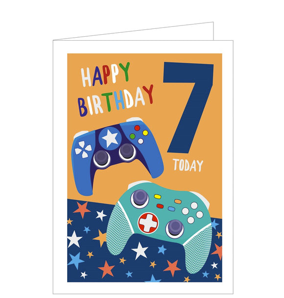 This 7th birthday card is decorated with two colourful video games controllers. The caption on the front of the card reads 