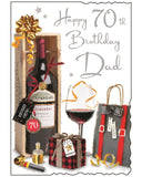 This Dad 70th Birthday card by Jonny Javelin is the perfect way to celebrate your Dad's special day. The card is decorated with colorful images of a bottle and a glass of red wine surrounded by presents. Silver text on the front of the card reads "Happy 70th Birthday Dad".