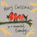 Part of Alex Clark's Christmas card collection, this Christmas card for a wonderful family is decorated with Alex's painting of family of four robin birds perched together on a branch. The text on the front of the card reads "Merry Christmas to a wonderful family x".