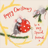 Part of Alex Clark's Christmas card collection, this Christmas card for a special friend is decorated with Alex's painting of two cute grey mice working together to hang a bauble on a christmas tree branch. The text on the front of the card reads "Happy Christmas to a very Special Friend x".