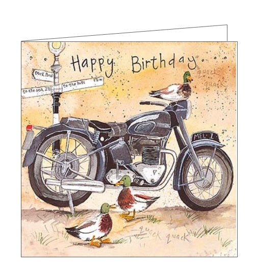 This blank card features detail from an original watercolour by Alex Clark of a motorcyle parked at an old fashioned signpost - and being visited by geese.