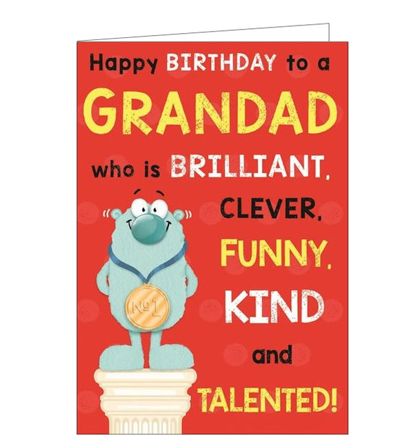 This birthday card for a special grandad is decorated with a cartoon creature stranding on a winners podium with a 