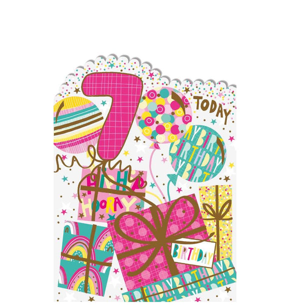 This bright and colourful 7th birthday card has a scalloped top edge and the card is crowded with pink, yellow and teal presents, balloons and confetti stars. Pink and gold text on the card reads 