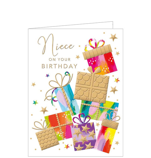This bright birthday card for a special niece is decorated with a stack of colourful presents and scattered hearts. Gold text on the front of the card reads 