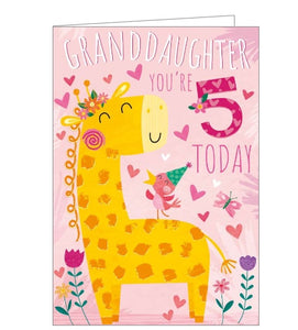 This 5th birthday card for a special granddaughter is decorated with a smiling giraffe, wearing a flower crown. The text on the front of the card reads "Granddaughter you're 5 Today."