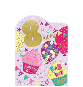 This 8th Birthday card is decorated with brightly coloured birthday cupcakes, balloons and bunting in shades of gold, pink, green, yellow and purple. The text on the front of the card reads "8 Today...Fab Day....Birthday Girl".