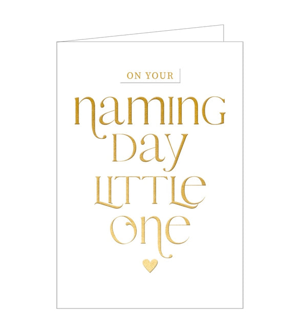 A simple but charming naming day card with embossed gold text that reads 