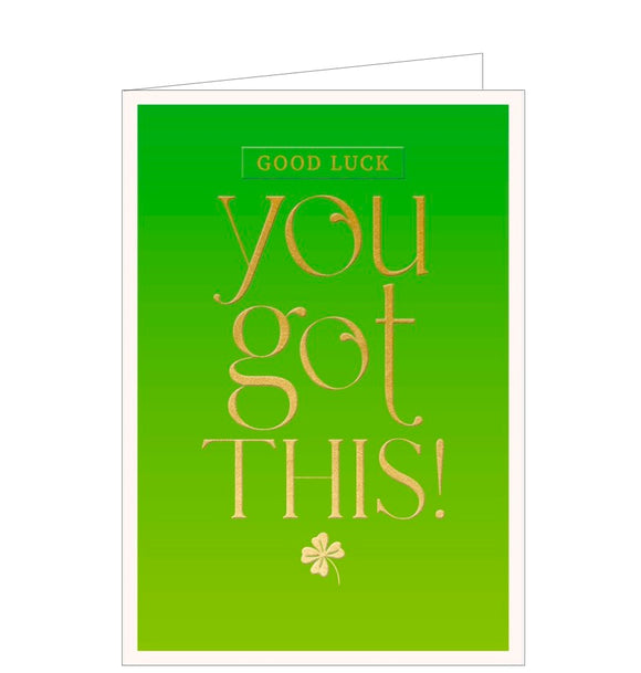 Green for good luck! This good luck card is decorated with gold text that reads 