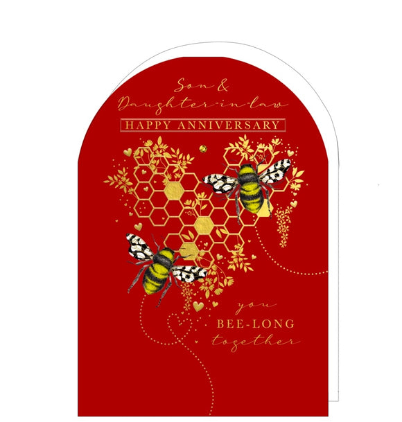A stunning anniversary card for a special son and daughter in law is decorated with a pair of bees sitting on gold, heart shaped honeycomb. Gold text on the front of the card reads 