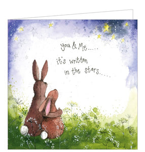 Part of Alex Clark's Sunshine greetings card collection, this card features Alex Clark's adorable painting of two hares gazing together at the stars. The text on the front of the card reads "You & Me....It was written in the stars".