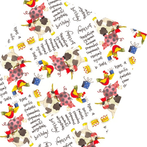 This Alex Clark wrapping paper features a repeating design of a cow, a pig and a chicken standing on each others backs. Text on the wrap reads 