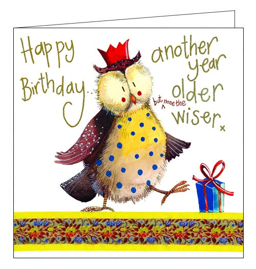 This Birthday card features Alex Clark's illustration of an owl wearing a party hat. The text on the front of the card reads 