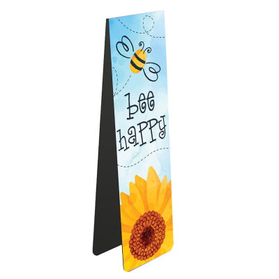 Perfect for nature lovers, this magnetic bookmark is decorated with a bumble bee buzzing around a sunflower. The text on the bookmark reads 