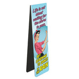 This magnetic book mark for a book lovers is decorated a with a vintage-style illustration of a woman dancing. Text on the bookmark reads "Life is not about waiting for the storm to pass, but learning to dance in the rain".