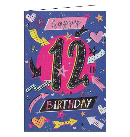 Happy 12th Birthday Card This retro-style 12th birthday card features metallic, pink and yellow arrows and hearts pointing to text that reads 