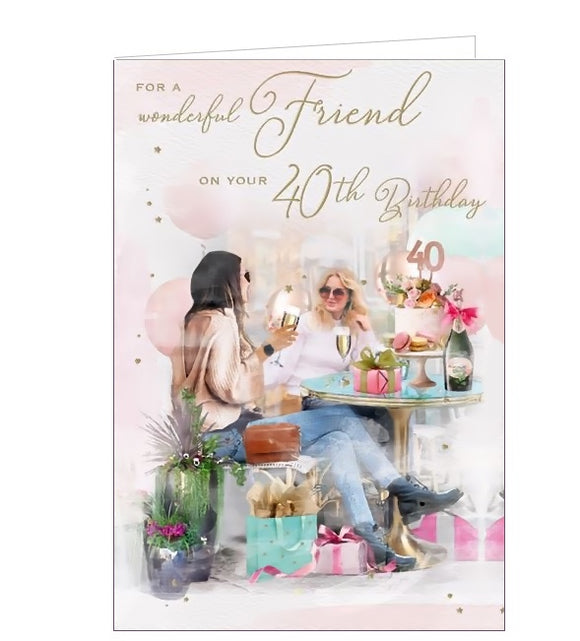  This lovely 40th birthday card for a special friend is decorated with an illustration of two women enjoying a birthday tea at a cafe - the table laid with champagne, flowers and a spectacular birthday cake. Rose gold text on the front of the card reads 