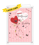 This large, luxury birthday card for a special girlfriend is decorated with a pair of heart-shaped balloons, with flowers tied to their ribbons, surrounded by tiny metallic butterflies. The text on the front of the card reads "To my wonderful Girlfriend on your Birthday".