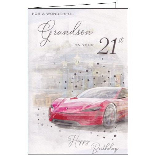 This birthday card for a wonderful Grandson on his 21st birthday is decorated with an illustration of a red sports car parked outside a pub. Metallic text on the front of the card reads 