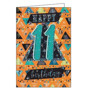 This retro-style 11th birthday card is decorated with green and silver text that reads "Happy 11th Birthday".