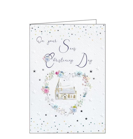 This lovely Christening card is decorated with a heart-shaped wreath of pink and blue flowers encircling a church. The text on the front of the card reads 