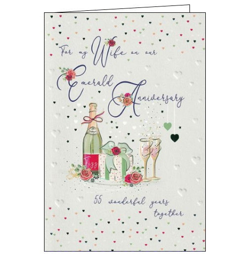 This 55th anniversary card for a special wife is decorated with an arrangement of two champagne flutes, a bottle of fizz and a present. The text on the front of the card reads 
