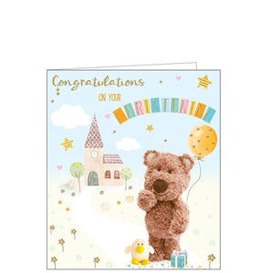This cute little christening day card is decorated with Barley, the little brown bear, holding a balloon and standing in front of a church. The text on the front of the card reads "Congratulations on your Christening".