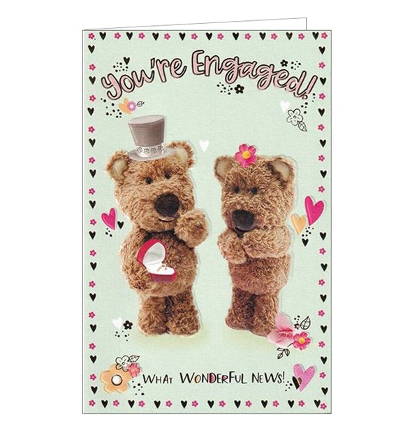 This cute engagement card is decorated with Barley the Brown Bear, dressed on a top hat, holding out a heart-shaped ring box to his fiancee. The text on the front of the card reads 