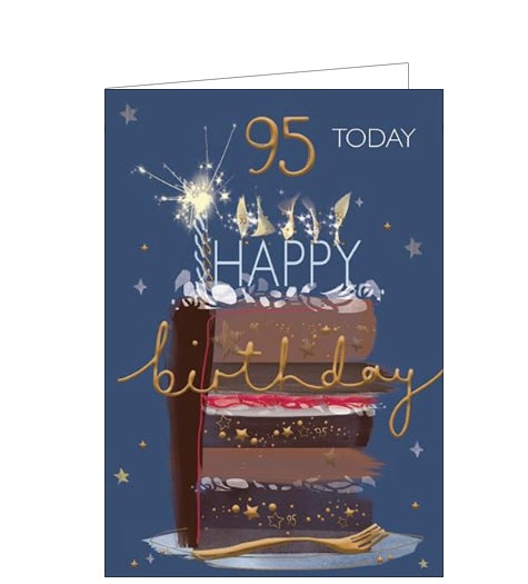 This 95th birthday card is decorated with a tall, multilayered slice of birthday cake topped with candles. White and gold text on the front of the card reads 