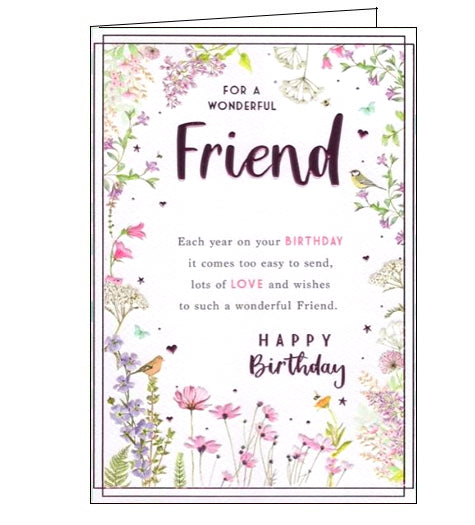 This lovely birthday card for a special friend has a border of delicate flowers all around the edge. Purple text in the middle of the flowers reads 