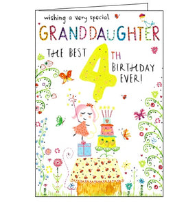 This bold and bright 4th Birthday card sparkles with glitter and silver foil. The text on the front of the card reads "Wishing a very special Granddaughter the best 4th Birthday ever!" while a tiny pink fairy waves her wand over a birthday cake.