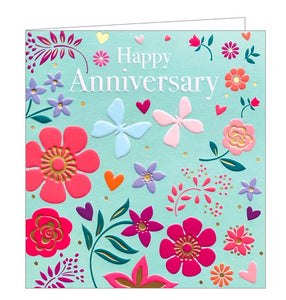 This lovely card is decorated with brightly coloured contemporary flowers and butterflies. White text on the card reads "Happy Anniversary".