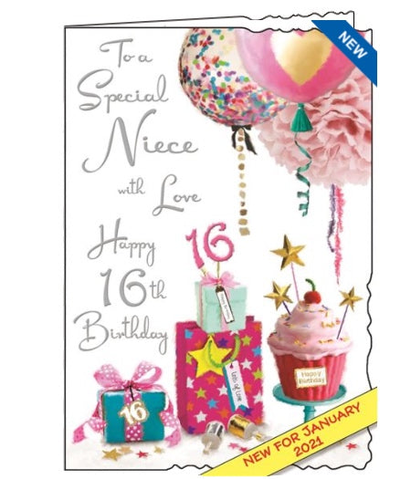 Jonny Javelin greetings cards combine detailed illustrations with heartfelt messages. This 16th Birthday card for a special Niece is decorated with Presents, balloons, and birthday cupcakes.  Silver text on the front of the card reads 