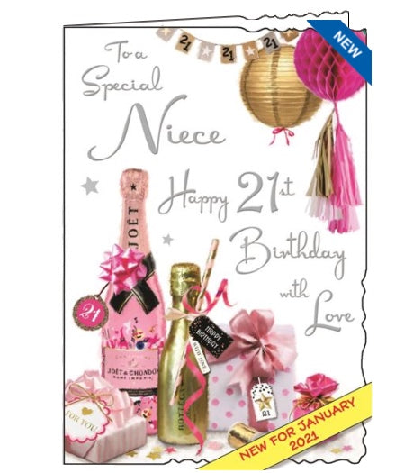 Jonny Javelin greetings cards combine detailed illustrations with heartfelt messages. This 21st Birthday card for a special Niece is decorated with an array of birthday banners, gifts and plenty of champagne!  Silver text on the front of the card reads 