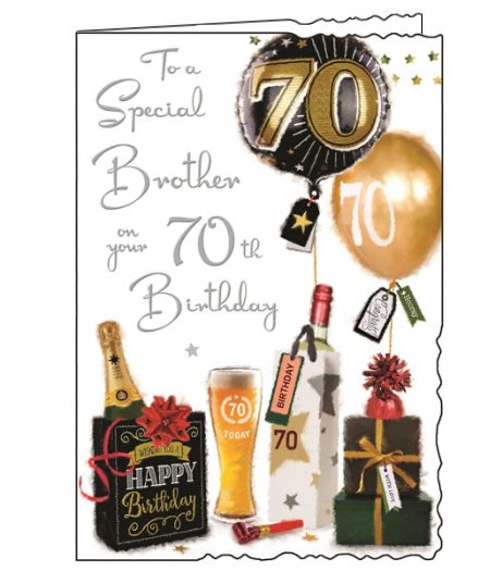 This Jonny Javelin 70th birthday card is decorated with an arrangement of birthday presents, balloons and treats. Silver text on the front of the card reads 