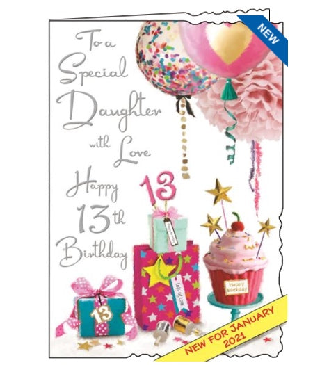 Jonny Javelin greetings cards combine detailed illustrations with heartfelt messages. This 13th Birthday card for a special Daughter is decorated with a a spread of birthday gifts, steamers, confetti-filled balloons and a big birthday cupcake!  Silver text on the front of the card reads 