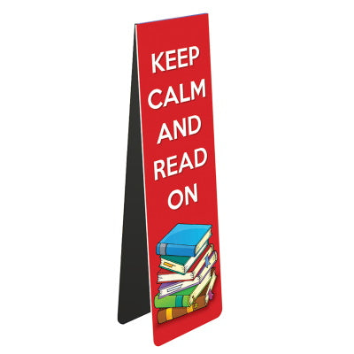 This magnetic book mark is decorated in the style of the iconic Keep Calm and Carry On poster - with white text that reads 