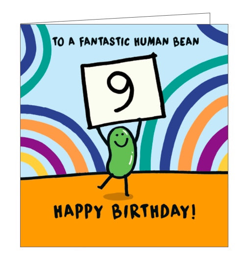 This 9th birthday card is decorated with a cartoon bean holding up a placard with a large 