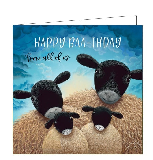 This lovely card features detail from an original pastel drawing by Lucy Pittaway showing a family of four sheep posed in front of a blue sky. The text on the front of the card reads 