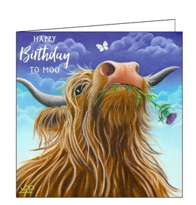 This birthday card features detail from an original pastel drawing by Lucy Pittaway showing a fluffy highland cow calf with a thistle in its mouth. The text on the front of the card reads "Happy Birthday to Moo".