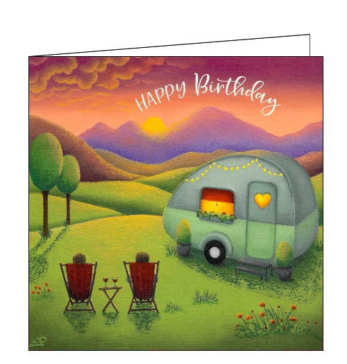This birthday card features detail from an original pastel drawing by Lucy Pittaway showing a couple sitting in deckchairs, enjoying a beautiful sunset beside their cosy caravan. The text on the front of the card reads 