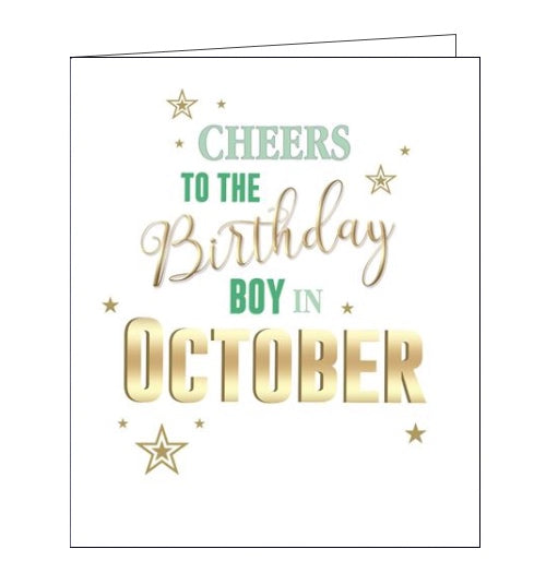 This birthday card is decorated with green and gold script that reads 