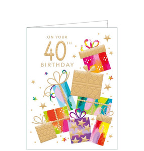 This 40th birthday card is decorated with a tall stack of gold and jewel-toned gift boxes, surrounded by stars. Gold text on the front of the card reads "On your 40th Birthday".
