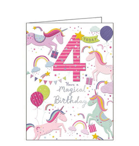 This lovely 4th Birthday card is decorated with four unicorns surrounded by balloons, rainbows and birthday gifts. The text on the front of the card reads "4 Today...Have a Magical Birthday".