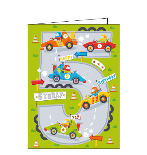 This 5th Birthday card is decorated with race cars speeding around a racetrack shaped like a number 5. The text on the front of the card reads 