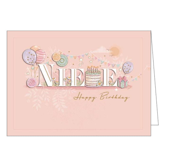 This lovely birthday card for a special niece is decorated with a birthday display of pastel bunting, balloons and a birthday cake. White and gold text on the front of the card reads 