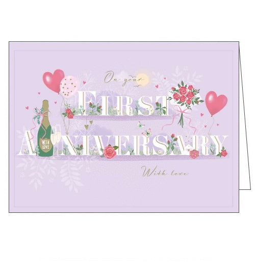 This first wedding anniversary card is decorated with white and gold text that reads 