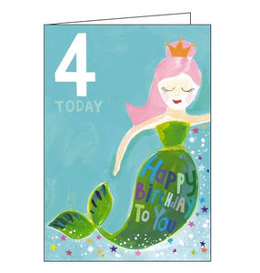 This 4th birthday card is decorated with a pink-haired mermaid with a green tail and an copper crown. Metallic text on the mermaid's tail reads "Happy Birthday to you".