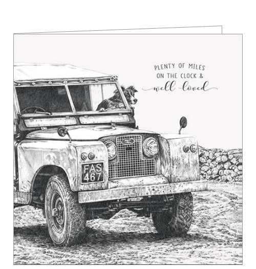 This sweet greetings card from Pigment Production's Life in Pencil card range is decorated with a black and white sketch of a border collie dog peeking out of the window of a vintage 4x4 car. The caption on the front of the card reads 