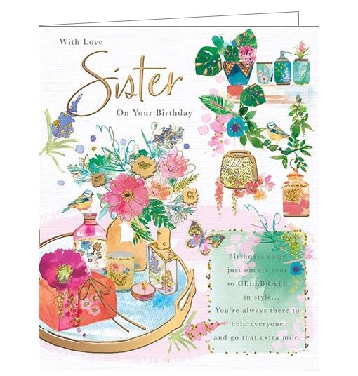 This lovely birthday card for a special sister is decorated with an arrangement of flowers, birds and birthday gifts. The text on the front of the card reads 